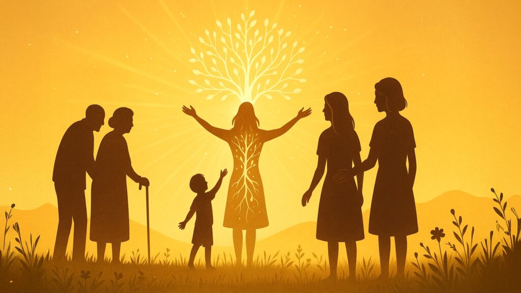 This image illustrates intergenerational healing in a spiritual landscape. A woman with open arms stands in the center, glowing with radiant light and a tree of life growing from her chest. She is surrounded by silhouettes of family members from various generations—an elderly couple, a child, and two women—standing in reverence or support. The image symbolizes the release of inherited trauma and the restoration of vitality across the lineage.