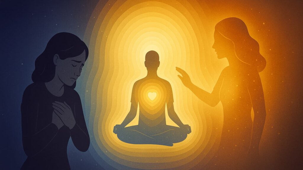 A symbolic digital illustration depicting the transformation from emotional pain to inner peace. On the left, a sorrowful woman holds her heart, enveloped in a cool blue tone. At the center, a meditative figure sits cross-legged, radiating golden light from the heart outward in concentric waves. On the right, a glowing feminine figure reaches out with a gentle hand, representing support and energetic healing.