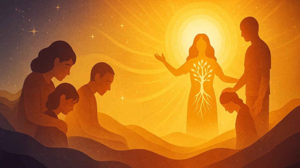 A dreamlike scene of spiritual and ancestral healing. A central glowing woman with a radiant tree of life on her torso raises her arms to the sky, emanating waves of light. Around her, family members kneel or bow their heads in healing, their figures grounded in rolling hills under a starry sky. The image conveys deep soul alignment, lineage release, and spiritual transformation.