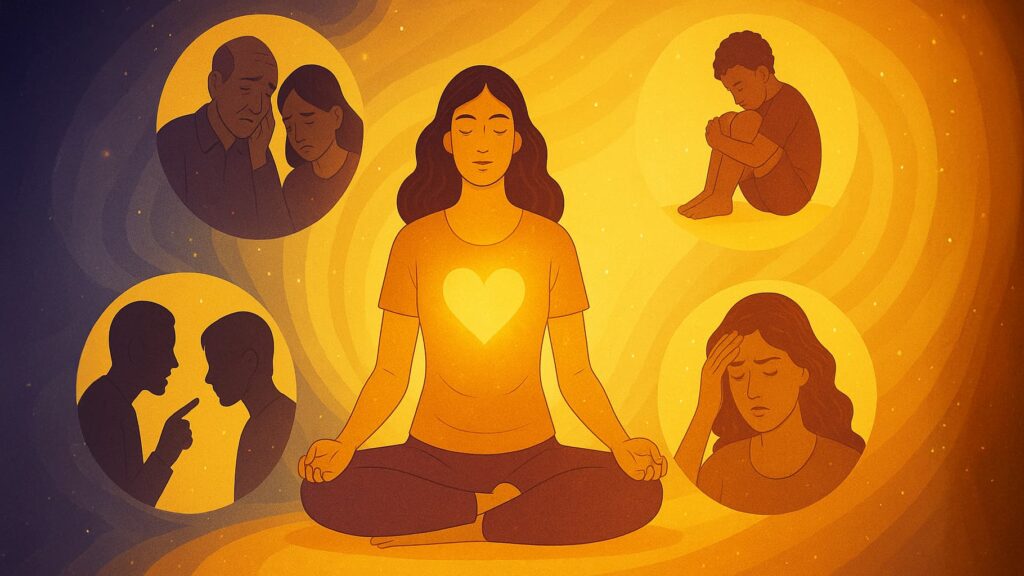 A vibrant digital illustration of a woman meditating, surrounded by circular vignettes representing different emotional traumas. Each vignette includes a symbolic image: grieving elders, a child in isolation, a person holding their head in distress, and two figures arguing. The central figure glows with a heart on her chest, symbolizing emotional release and healing through inner peace and intention.